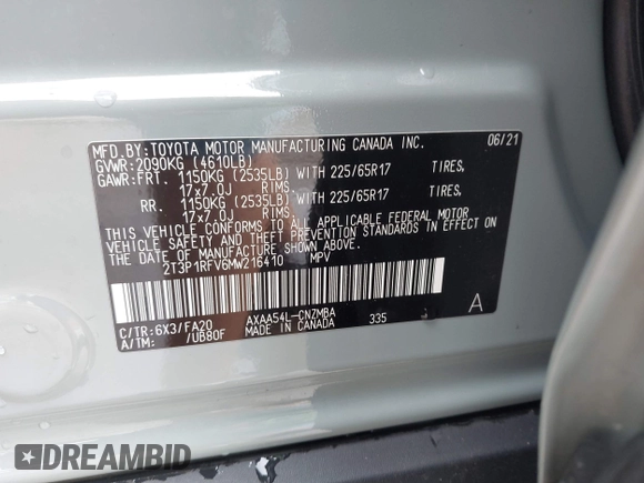 2021 Toyota RAV4 XLE with VIN 2T3P1RFV6MW216410, listed as a IAAI auction lot 42474822 with 37,503 mi miles and . Bid and sale history available at DreamBid. Image 9.
