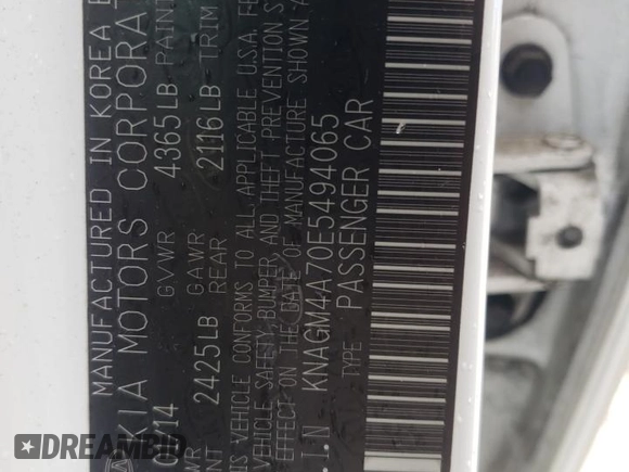 2014 Kia Optima LX with VIN KNAGM4A70E5494065, listed as a Copart auction lot 59100255 with 126,983 mi miles and Salvage title. Bid and sale history available at DreamBid. Image 12.