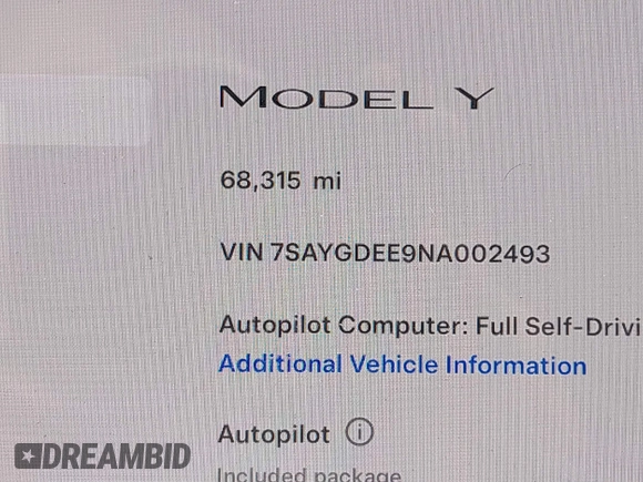 2022 Tesla Model Y Long Range z VIN 7SAYGDEE9NA002493, wystawiony jako IAAI lot #41756460 z przebiegiem 68 315 mil mil oraz . Historia ofert i sprzedaży dostępna na DreamBid. Obrazek 14.