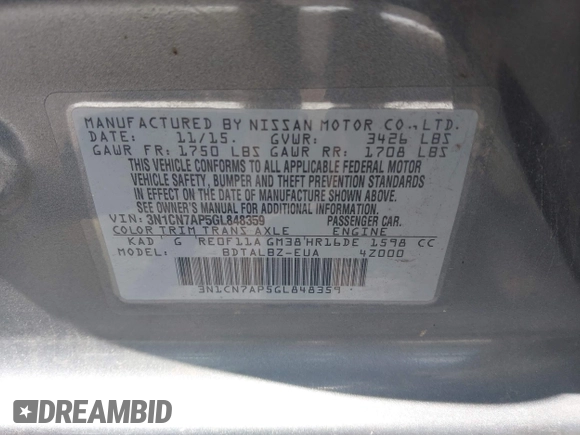 2016 Nissan Versa SV with VIN 3N1CN7AP5GL848359, listed as a IAAI auction lot 42772565 with 114,771 mi miles and . Bid and sale history available at DreamBid. Image 9.