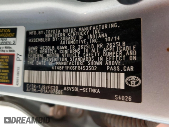 2015 Toyota Camry XLE with VIN 4T4BF1FK6FR453502, listed as a Copart auction lot 53556835 with 293,917 mi miles and Clean Title. Bid and sale history available at carsss.com. Image 12.