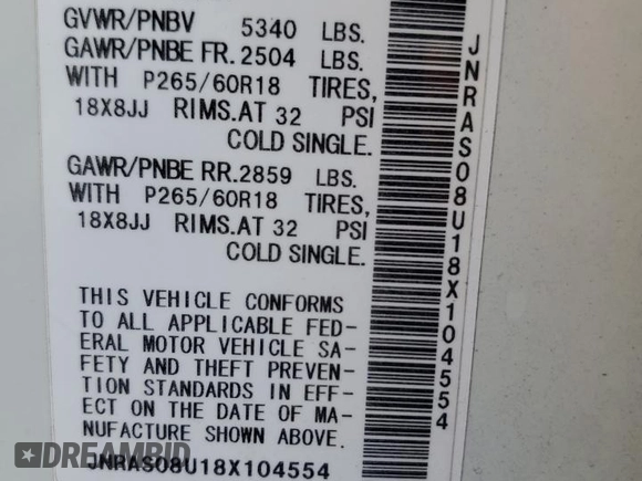 2008 Infiniti FX35 with VIN JNRAS08U18X104554, listed as a Copart auction lot 65936164 with 192,679 mi miles and Salvage Title. Bid and sale history available at carsss.com. Image 13.