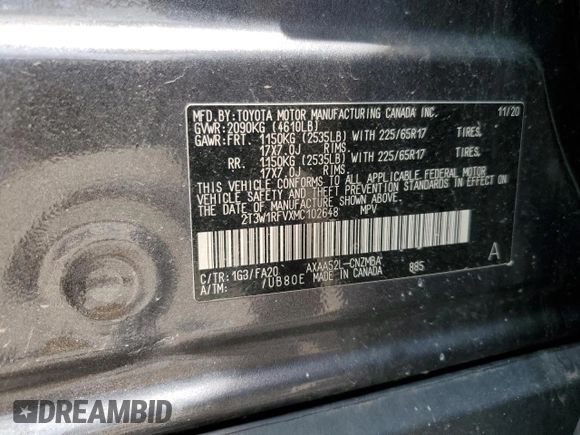 2021 Toyota RAV4 XLE with VIN 2T3W1RFVXMC102648, listed as a Copart auction lot 59706965 with 85,545 mi miles and Salvage title. Bid and sale history available at DreamBid. Image 14.