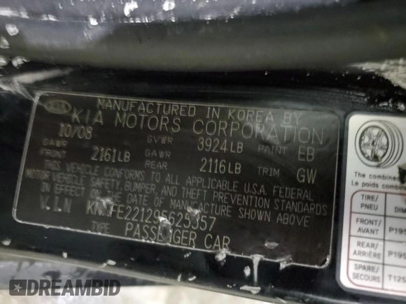 2009 Kia Spectra LX z VIN KNAFE221295625557, wystawiony jako Copart lot #89319855 z przebiegiem Nie podano mil oraz Nie do naprawy • Non repairable. Historia ofert i sprzedaży dostępna na DreamBid. Obrazek 12.