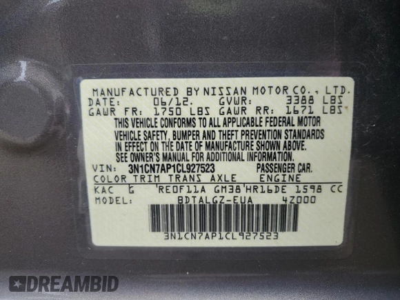 2012 Nissan Versa SV z VIN 3N1CN7AP1CL927523, wystawiony jako Copart lot #58196055 z przebiegiem 156 057 mil mil oraz Nie do naprawy • Non repairable. Historia ofert i sprzedaży dostępna na DreamBid. Obrazek 12.