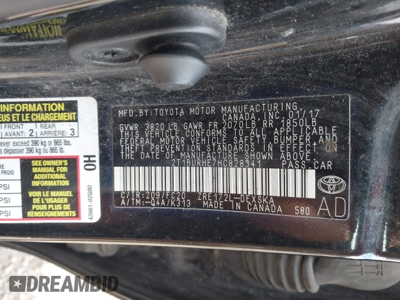 2017 Toyota Corolla L with VIN 2T1BURHE7HC828341, listed as a IAAI auction lot 42200039 with 155,784 mi miles and . Bid and sale history available at DreamBid. Image 9.
