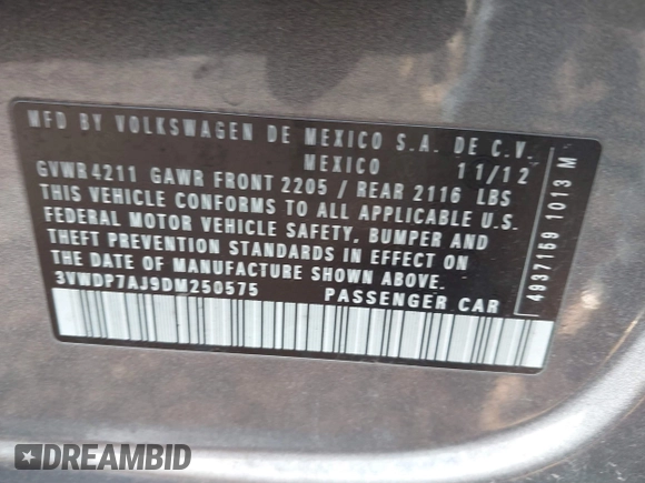 2013 Volkswagen Jetta SE с VIN 3VWDP7AJ9DM250575, выставлен на аукционе IAAI как лот 41879806 с пробегом 167 422 миль миль и . История ставок и продаж доступна на DreamBid. Изображение 9.
