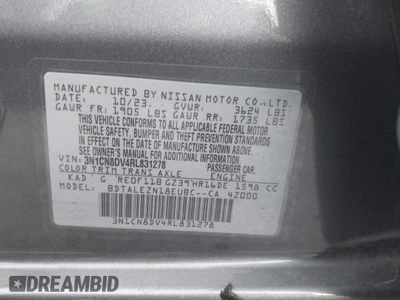 2024 Nissan Versa S with VIN 3N1CN8DV4RL831278, listed as a IAAI auction lot 40341027 with 2,123 mi miles and . Bid and sale history available at DreamBid. Image 9.