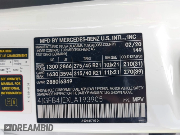 2020 Mercedes-Benz GLE 350 with VIN 4JGFB4JEXLA193905, listed as a IAAI auction lot 42347660 with 55,312 mi miles and . Bid and sale history available at DreamBid. Image 9.