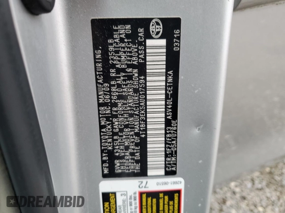 2010 Toyota Camry with VIN 4T1BF3EK5AU017594, listed as a Copart auction lot 51892475 with 114,953 mi miles and Salvage Title. Bid and sale history available at DreamBid. Image 13.