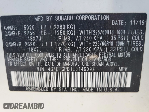 2020 Subaru Outback Touring XT z VIN 4S4BTGPD1L3146097, wystawiony jako Copart lot #54624625 z przebiegiem 46 522 mil mil oraz Szkoda całkowita • Salvage title. Historia ofert i sprzedaży dostępna na DreamBid. Obrazek 13.