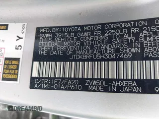 2017 Toyota Prius Two with VIN JTDKBRFU5H3047469, listed as a IAAI auction lot 41845172 with 233,688 mi miles. Bid and sale history available at carsss.com. Image 9.