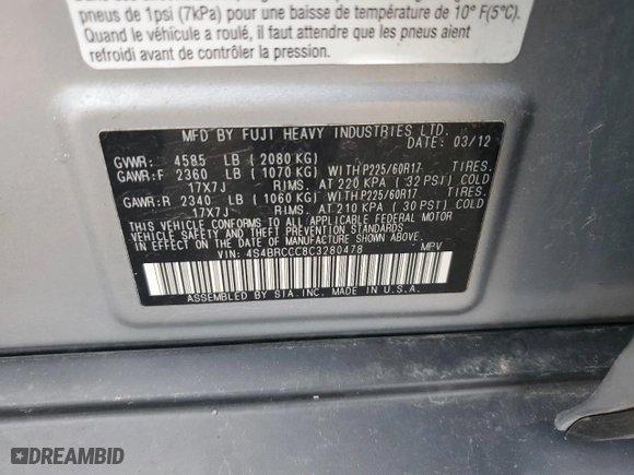 2012 Subaru Outback 2.5i Prem with VIN 4S4BRCCC8C3280478, listed as a Copart auction lot 53390925 with 178,081 mi miles and Clean Title. Bid and sale history available at carsss.com. Image 13.