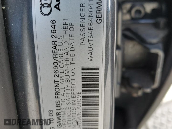 2004 Audi A6 with VIN WAUVT64B64N041556, listed as a Copart auction lot 43427665 with 159,957 mi miles and Salvage Title. Bid and sale history available at carsss.com. Image 12.