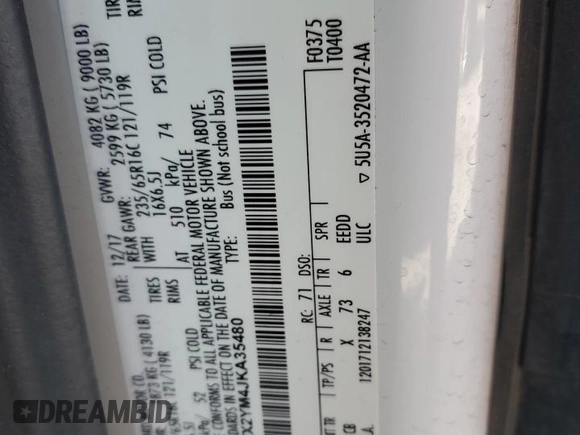 2018 Ford Transit Passenger XL with VIN 1FBZX2YM4JKA35480, listed as a Copart auction lot 51620305 with 73,710 mi miles and Salvage title. Bid and sale history available at DreamBid. Image 15.