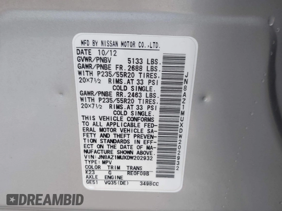 2013 Nissan Murano LE with VIN JN8AZ1MUXDW202932, listed as a IAAI auction lot 42120957 with 160,099 mi miles. Bid and sale history available at carsss.com. Image 9.