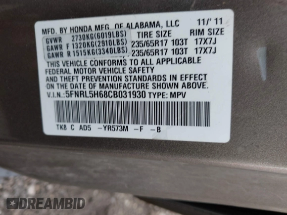 2012 Honda Odyssey EX-L with VIN 5FNRL5H68CB031930, listed as a IAAI auction lot 42222501 with 65,262 mi miles and . Bid and sale history available at DreamBid. Image 9.