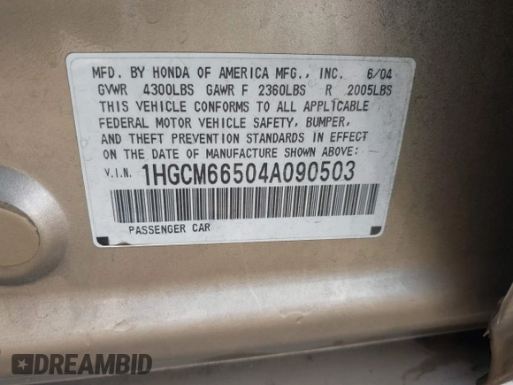 2004 Honda Accord EX with VIN 1HGCM66504A090503, listed as a IAAI auction lot 42351643 with 143,827 mi miles and . Bid and sale history available at DreamBid. Image 9.