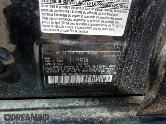 2012 Subaru Legacy Limited with VIN 4S3BMBK62C3020893, listed as a Copart auction lot 54986085 with 191,027 mi miles and Clean Title. Bid and sale history available at carsss.com. Image 12.