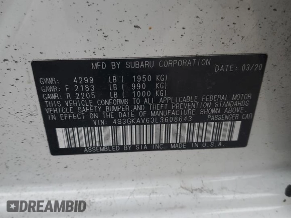 2020 Subaru Impreza Premium z VIN 4S3GKAV63L3608643, wystawiony jako Copart lot #47003095 z przebiegiem 67 028 mil mil oraz Szkoda całkowita • Salvage title. Historia ofert i sprzedaży dostępna na DreamBid. Obrazek 13.