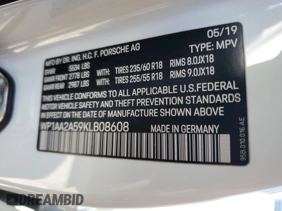 2019 Porsche Macan with VIN WP1AA2A59KLB08608, listed as a Copart auction lot 88345665 with Not provided miles and Salvage title. Bid and sale history available at DreamBid. Image 13.