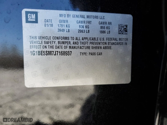 2018 Chevrolet Cruze LT with VIN 1G1BE5SM7J7168937, listed as a Copart auction lot 49497455 with 81,088 mi miles and Salvage Title. Bid and sale history available at carsss.com. Image 12.