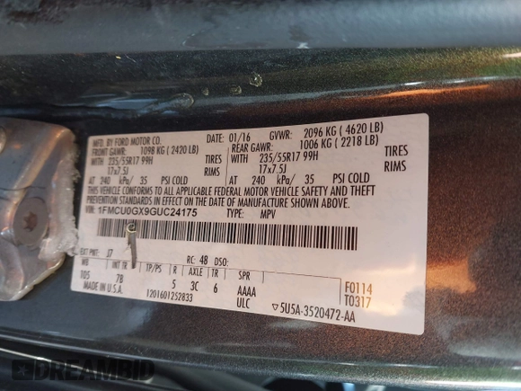 2016 Ford Escape SE z VIN 1FMCU0GX9GUC24175, wystawiony jako IAAI lot #41603394 z przebiegiem 73 255 mil mil oraz . Historia ofert i sprzedaży dostępna na DreamBid. Obrazek 9.