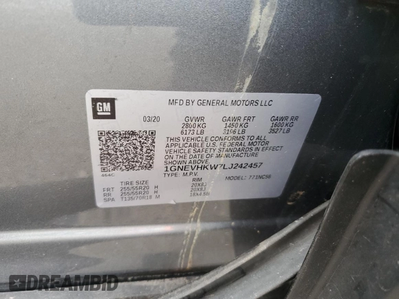 2020 Chevrolet Traverse LT Leather with VIN 1GNEVHKW7LJ242457, listed as a Copart auction lot 70289484 with 0 mi miles and Non Repairable. Bid and sale history available at carsss.com. Image 12.
