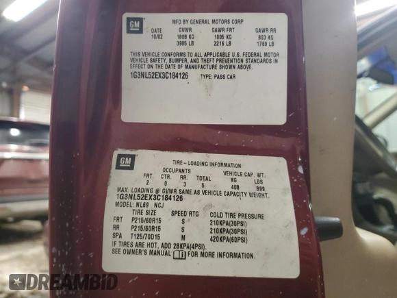 2003 Oldsmobile Alero GL1 z VIN 1G3NL52EX3C184126, wystawiony jako Copart lot #88204545 z przebiegiem 85 838 mil mil oraz Szkoda całkowita • Salvage title. Historia ofert i sprzedaży dostępna na DreamBid. Obrazek 13.