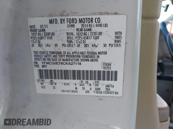 2012 Ford Escape Limited with VIN 1FMCU0E78CKA27118, listed as a IAAI auction lot 42070331 with 185,227 mi miles and . Bid and sale history available at DreamBid. Image 9.
