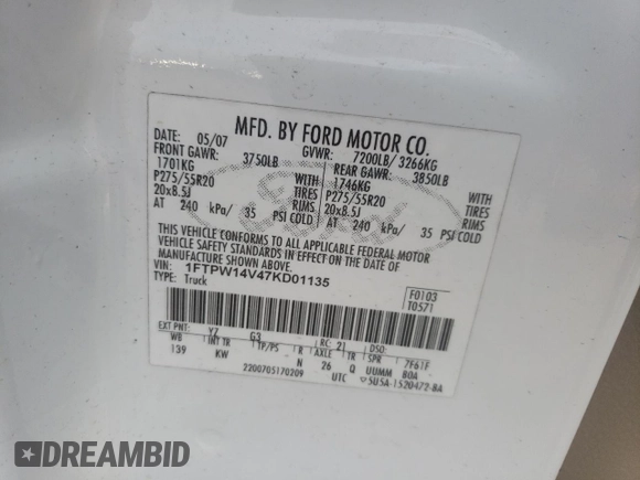 2007 Ford F-150 XLT with VIN 1FTPW14V47KD01135, listed as a Copart auction lot 52595735 with 177,592 mi miles and Salvage Title. Bid and sale history available at carsss.com. Image 13.