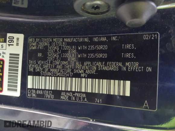 2021 Toyota Sienna XSE with VIN 5TDXRKEC5MS025417, listed as a IAAI auction lot 41420892 with 56,055 mi miles and . Bid and sale history available at DreamBid. Image 9.