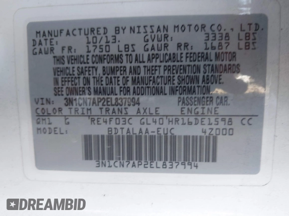 2014 Nissan Versa SV with VIN 3N1CN7AP2EL837994, listed as a IAAI auction lot 39840554 with 44,772 mi miles and . Bid and sale history available at carsss.com. Image 9.