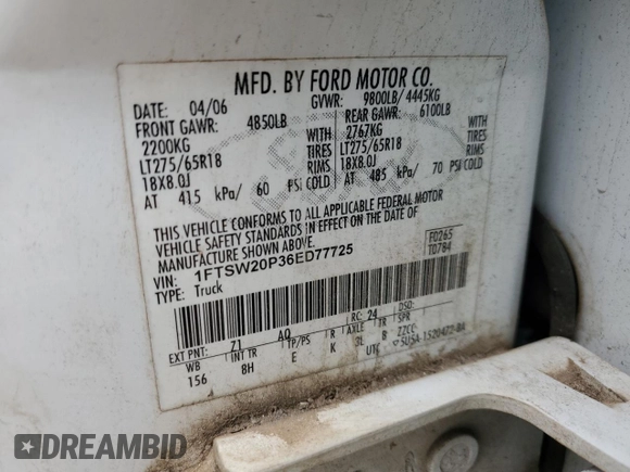 2006 Ford Super Duty F-250 XL with VIN 1FTSW20P36ED77725, listed as a Copart auction lot 46112555 with 250,887 mi miles and Clean Title. Bid and sale history available at carsss.com. Image 13.