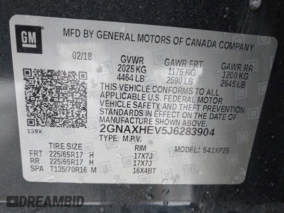 2018 Chevrolet Equinox LS with VIN 2GNAXHEV5J6283904, listed as a IAAI auction lot 41225391 with 69,410 mi miles and . Bid and sale history available at DreamBid. Image 9.