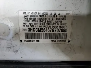 2007 Honda Accord LX with VIN 3HGCM56467G707085, listed as a Copart auction lot 56169445 with 184,254 mi miles and Salvage title. Bid and sale history available at DreamBid. Image 12.