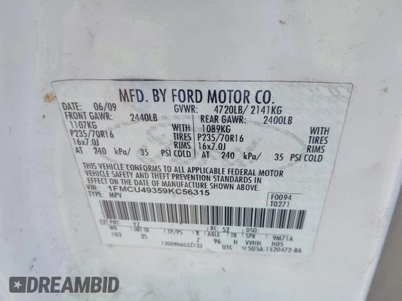 2009 Ford Escape Hybrid with VIN 1FMCU49359KC56315, listed as a IAAI auction lot 42322405 with 62,150 mi miles and . Bid and sale history available at DreamBid. Image 9.