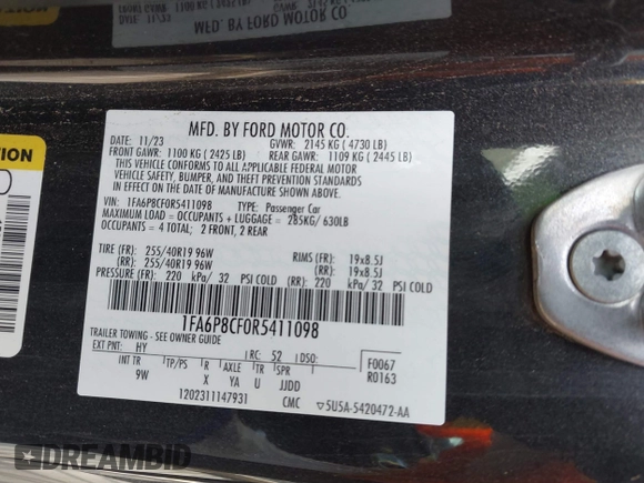 2024 Ford Mustang GT with VIN 1FA6P8CF0R5411098, listed as a IAAI auction lot 42206429 with 22,743 mi miles and . Bid and sale history available at DreamBid. Image 9.
