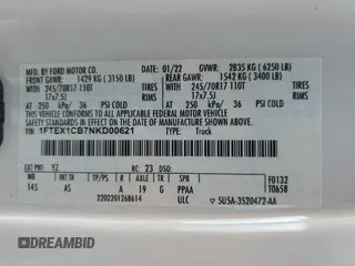 2022 Ford F-150 XL z VIN 1FTEX1CB7NKD00621, wystawiony jako Copart lot #72006184 z przebiegiem Nie podano mil oraz Szkoda całkowita • Salvage title. Historia ofert i sprzedaży dostępna na DreamBid. Obrazek 14.
