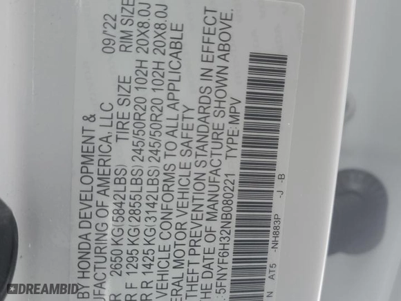 2022 Honda Pilot Sport with VIN 5FNYF6H32NB080221, listed as a Copart auction lot 45014465 with 18,475 mi miles and Salvage Title. Bid and sale history available at carsss.com. Image 14.