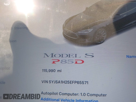2014 Tesla Model S P85D with VIN 5YJSA1H25EFP65571, listed as a IAAI auction lot 42185442 with 115,990 mi miles and . Bid and sale history available at DreamBid. Image 14.