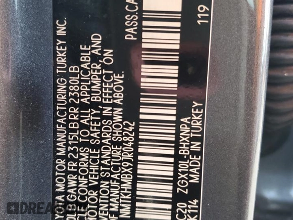 2018 Toyota C-HR XLE with VIN NMTKHMBX9JR048242, listed as a Copart auction lot 62730415 with 82,061 mi miles and Salvage title. Bid and sale history available at DreamBid. Image 14.
