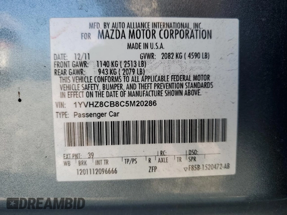 2012 Mazda 6 S Grand Touring with VIN 1YVHZ8CB8C5M20286, listed as a Copart auction lot 87176434 with 194,771 mi miles and Salvage Title. Bid and sale history available at DreamBid. Image 12.