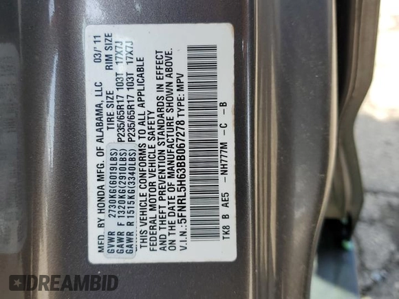 2011 Honda Odyssey EX-L with VIN 5FNRL5H63BB067278, listed as a Copart auction lot 51147855 with 240,414 mi miles and Salvage Title. Bid and sale history available at DreamBid. Image 13.