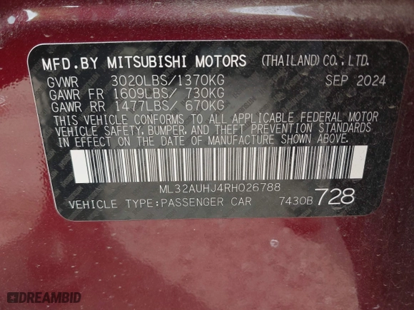 2024 Mitsubishi Mirage ES with VIN ML32AUHJ4RH026788, listed as a IAAI auction lot 41942174 with 3,572 mi miles. Bid and sale history available at carsss.com. Image 9.