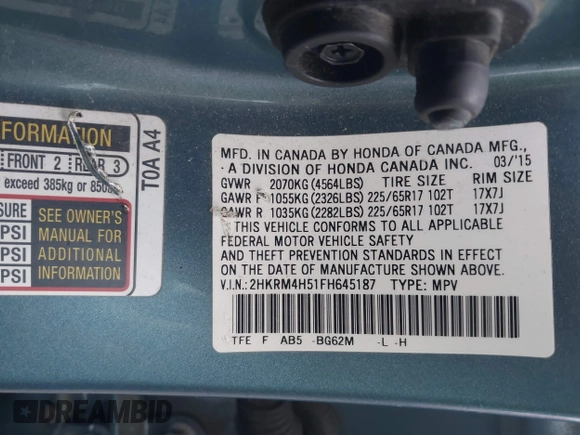 2015 Honda CR-V EX with VIN 2HKRM4H51FH645187, listed as a IAAI auction lot 41883655 with 162,971 mi miles and . Bid and sale history available at DreamBid. Image 9.