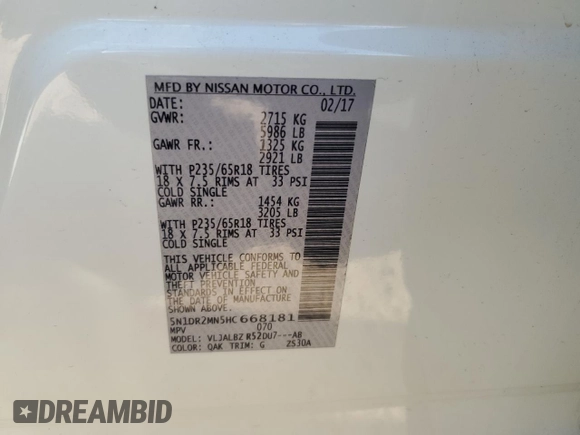 2017 Nissan Pathfinder SL with VIN 5N1DR2MN5HC668181, listed as a Copart auction lot 51381715 with 136,558 mi miles and Salvage title. Bid and sale history available at DreamBid. Image 16.