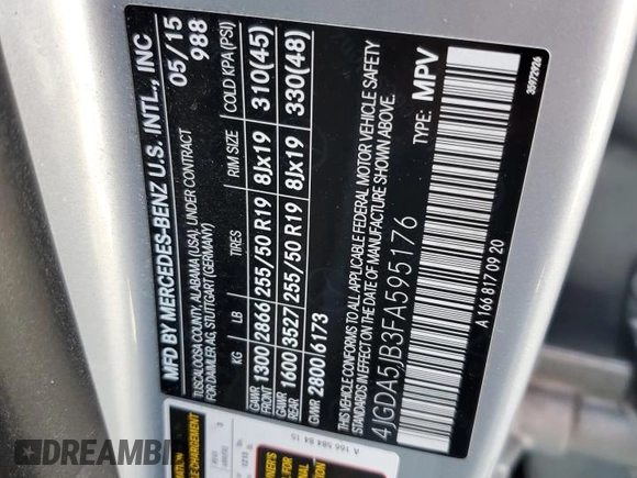 2015 Mercedes-Benz M 350 z VIN 4JGDA5JB3FA595176, wystawiony jako Copart lot #57835265 z przebiegiem 56 366 mil mil oraz Szkoda całkowita • Salvage title. Historia ofert i sprzedaży dostępna na DreamBid. Obrazek 13.