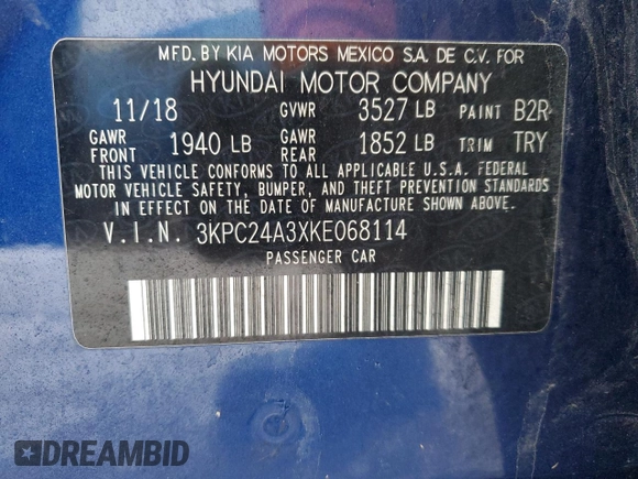 2019 Hyundai Accent SE with VIN 3KPC24A3XKE068114, listed as a Copart auction lot 45110065 with 112,756 mi miles and Salvage Title. Bid and sale history available at DreamBid. Image 12.