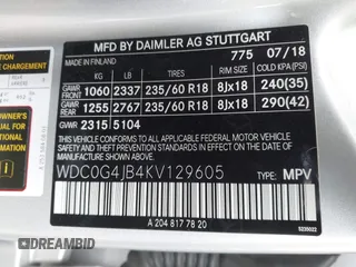 2019 Mercedes-Benz GLC 300 with VIN WDC0G4JB4KV129605, listed as a IAAI auction lot 42207132 with 39,743 mi miles and . Bid and sale history available at DreamBid. Image 9.